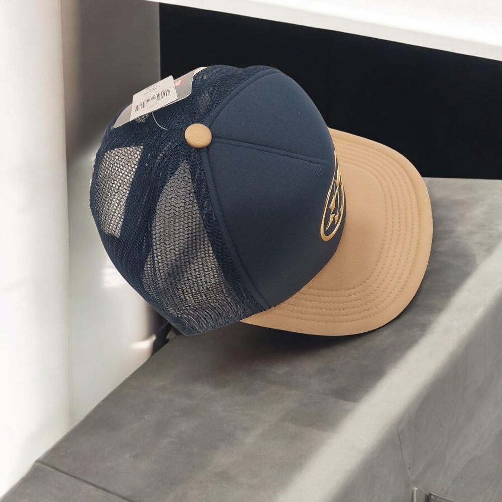 Blue Tan Snapback Hat with Circular Emblem - Picture 4 of 6